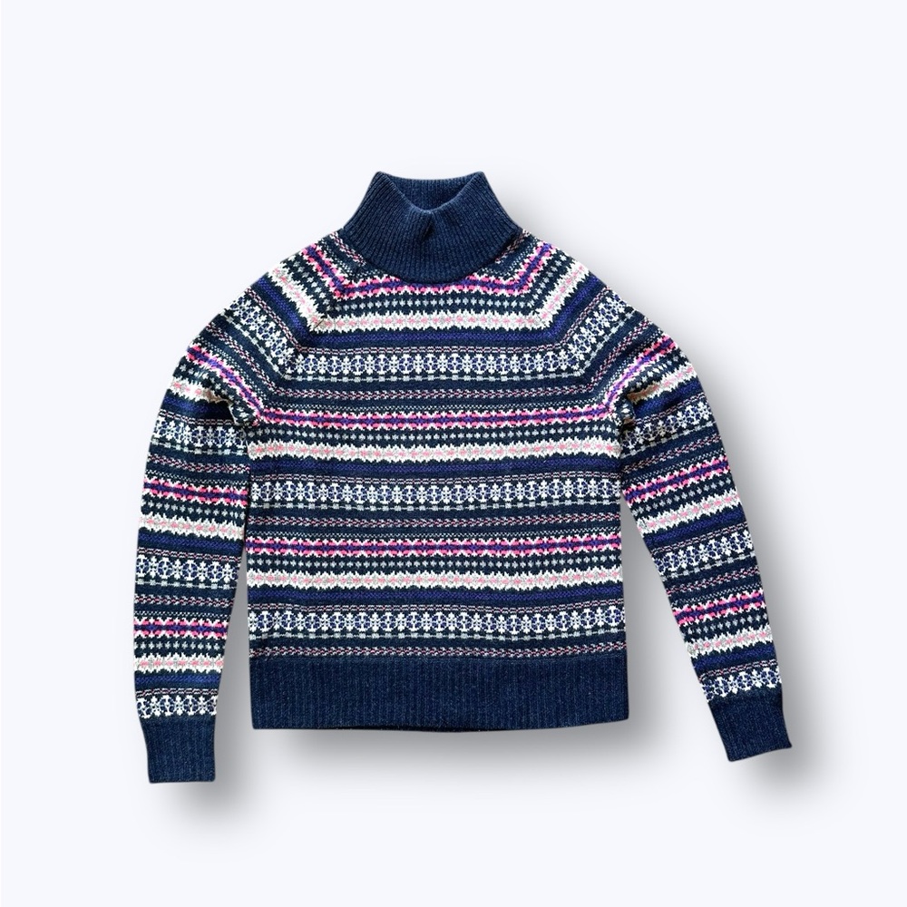 J.Crew Fair Isle Wool Turtleneck Sweater Navy Pink Blue Women’s XS Excellent EUC
